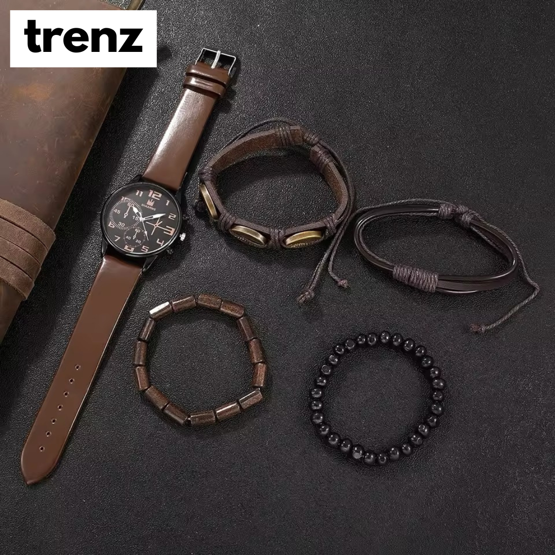 5PCS Set Casual Brown Leather Watch with Bracelets for Men
