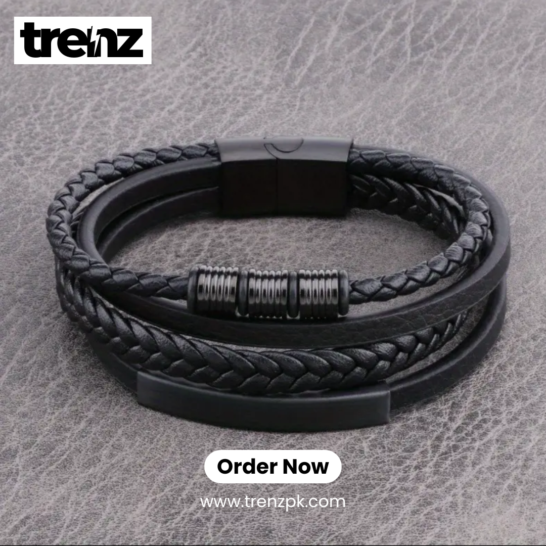 Trendy Leather Multilayer Black Braided Rope Bracelet for Men