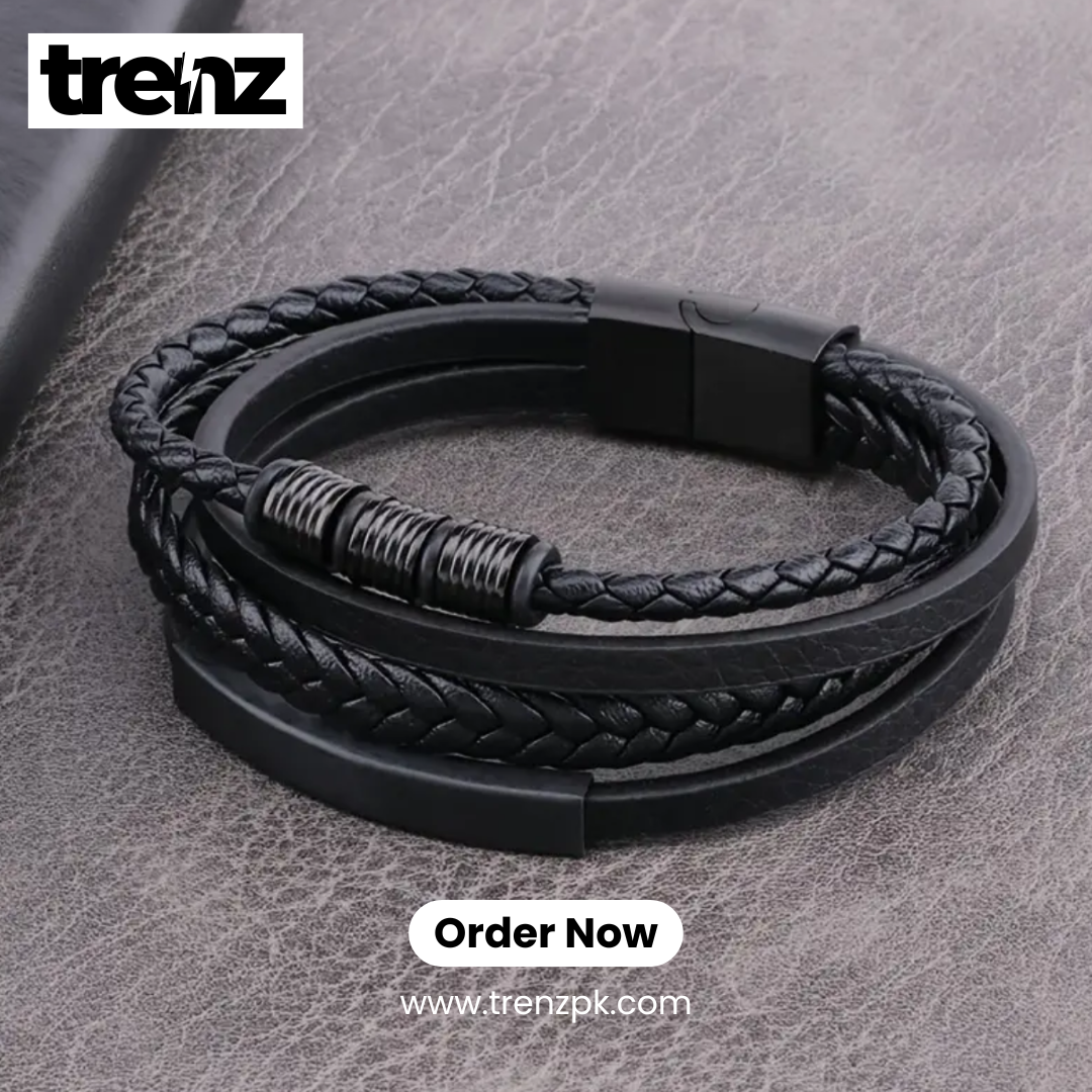 Trendy Leather Multilayer Black Braided Rope Bracelet for Men