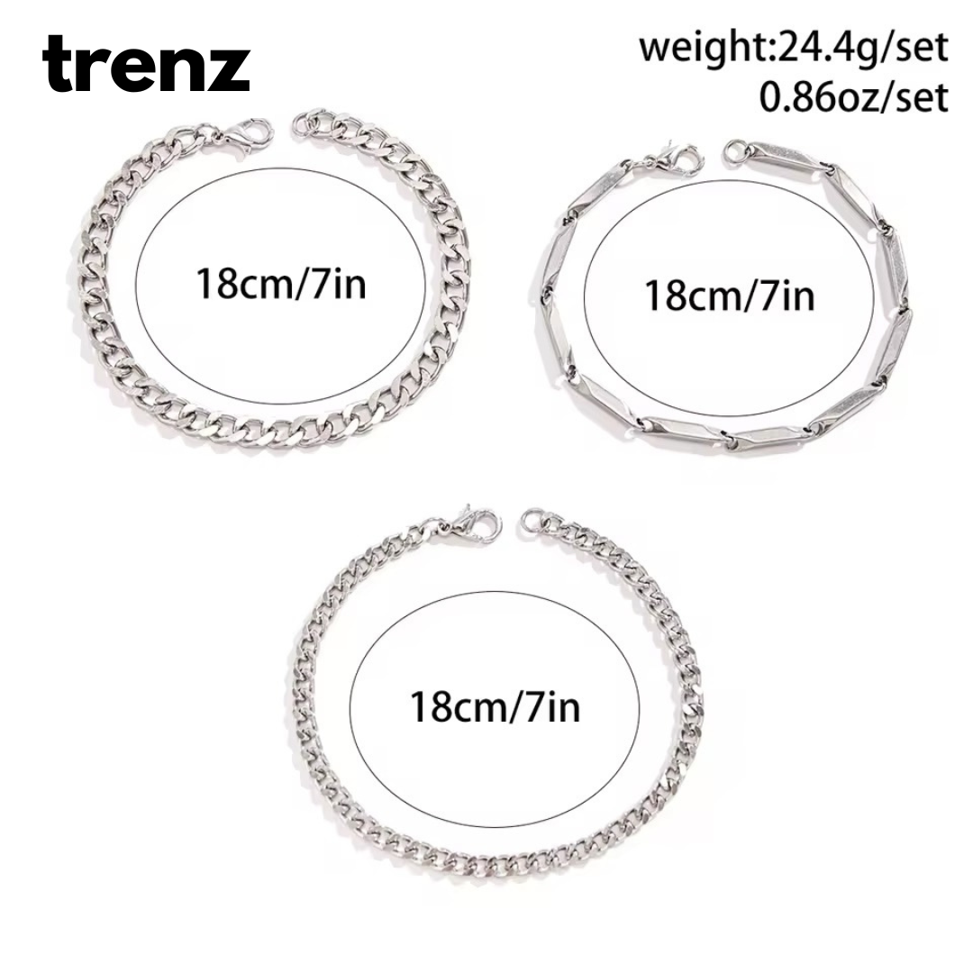 3pcs/set Stainless Steel Cuban Chain Bracelet for Men - Minimalist Silver Color