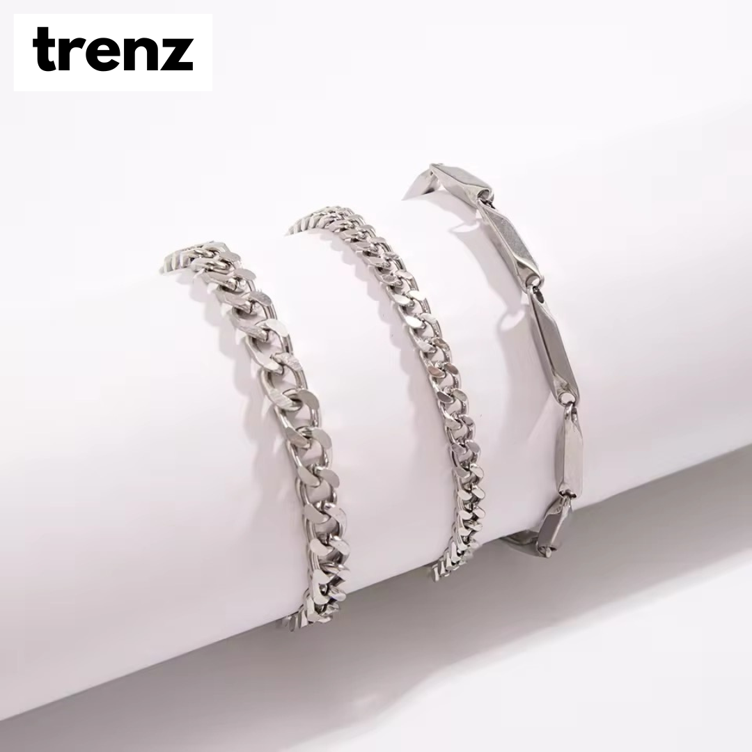 3pcs/set Stainless Steel Cuban Chain Bracelet for Men - Minimalist Silver Color