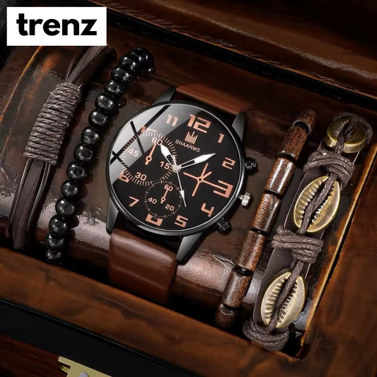 5PCS Set Casual Brown Leather Watch with Bracelets for Men