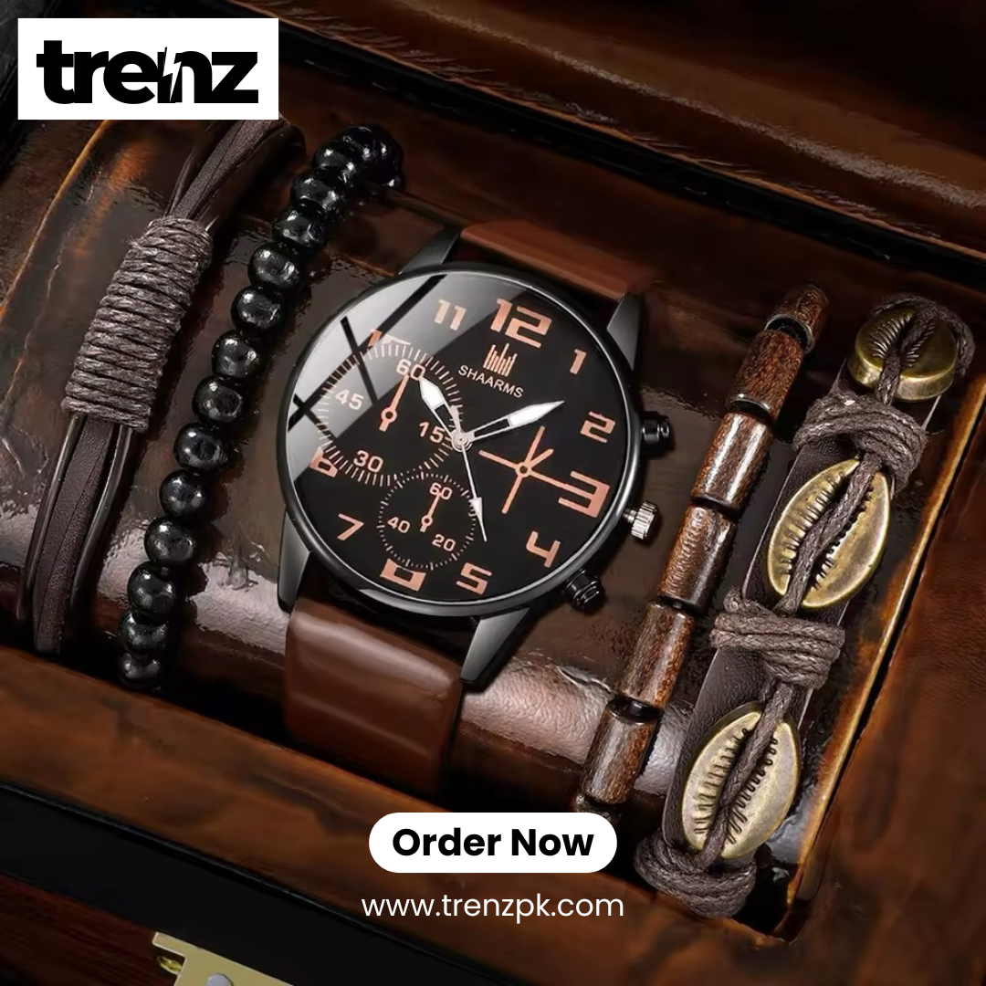 5PCS Set Casual Brown Leather Watch with Bracelets for Men