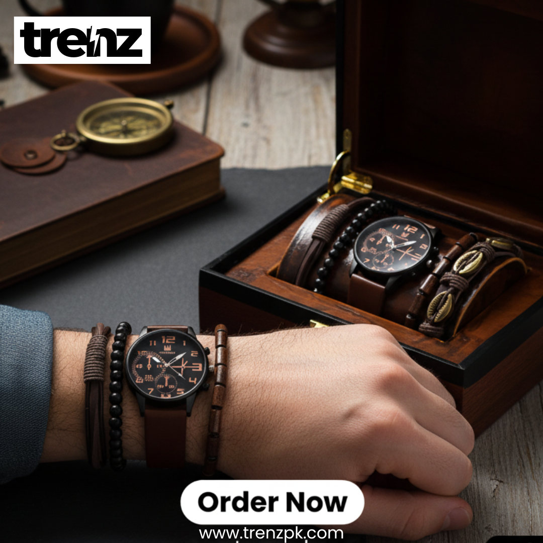 5PCS Set Casual Brown Leather Watch with Bracelets for Men